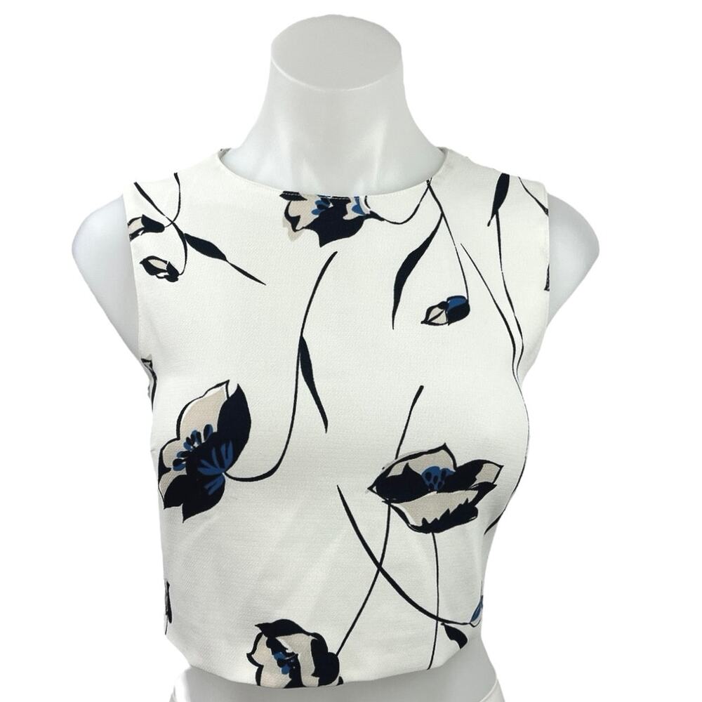 Zara Basic White Floral Print Sleeveless Zip Up Back Boxy Cropped Tank Top Sz XS